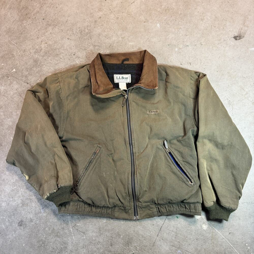 Vintage L.L. Bean Wool Lined Olive Green Canvas Bomber Jacket Men’s USA